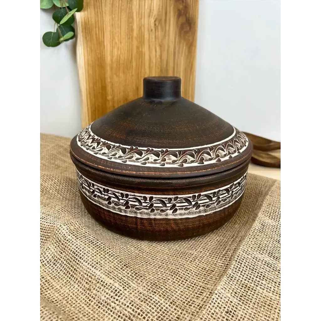 Сковорода 3 літри керамічна (глиняна) з кришкою різьблена   - фото 2