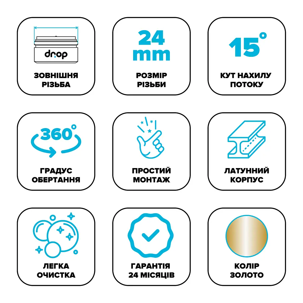 Поворотний адаптер 360° Drop CL360-GLD для змішувача - Кут нахилу 15°, зовнішня М 24 мм, золотий - фото 6