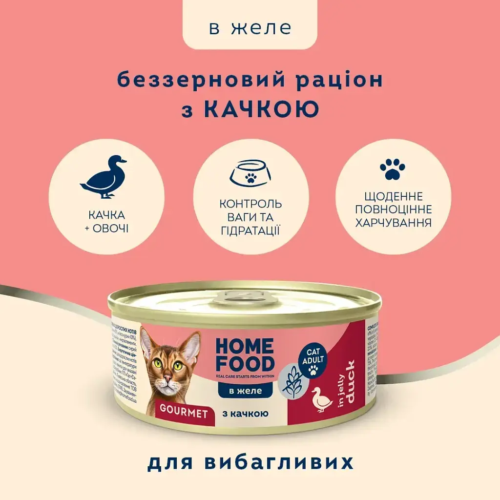Повнораціонний беззерновий консервований корм HOME FOOD для вибагливих дорослих котів з качкою в желе, 85 г - фото 2