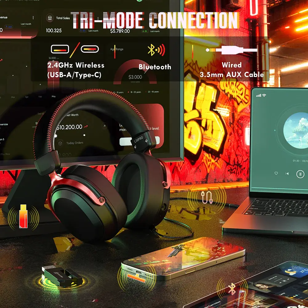 Ігрова гарнітура Attack Shark L30PRO Wireless,2.4GHz/Bluetooth/3.5mm AUX/AUX-to-Type-C,Black and Red - фото 5