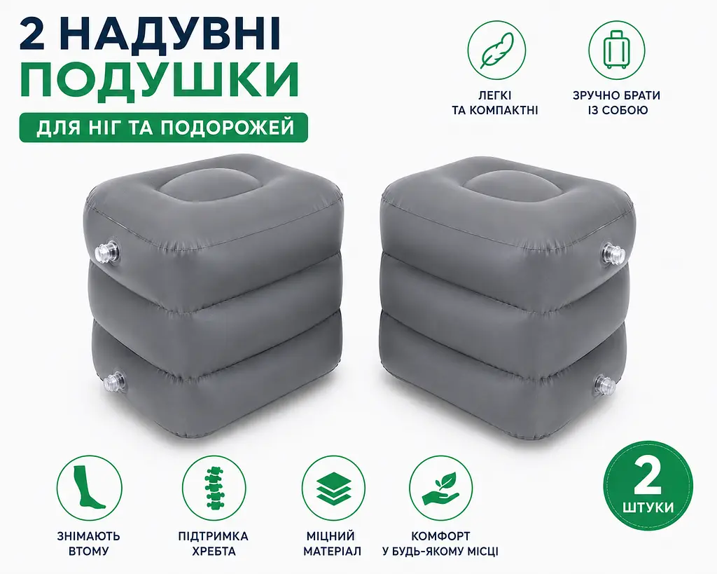 Подушка надувна під ноги для подорожей - компактна дорожня підставка для ніг у літак поїзд авто - 3 рівні висоти (комплект 2 шт.) - фото 2