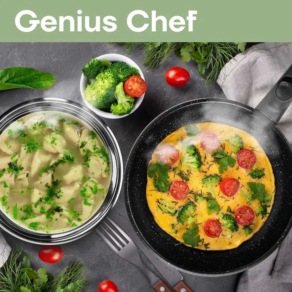 Набір з каструль та сотейників Krauff Genius Chef зі знімною ручкою + кулінарна ложка, щипці та лопатка - фото 6
