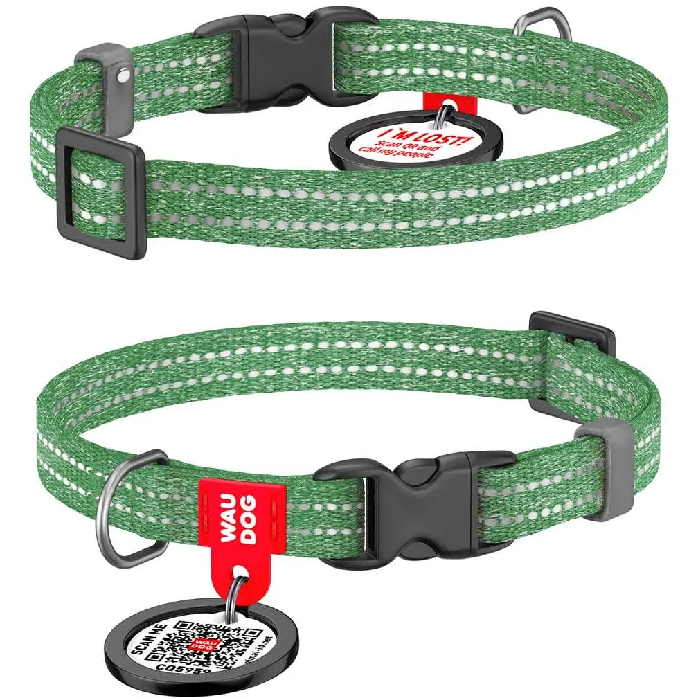 Ошейник для кошек и собак мини-пород Waudog Re-cotton, из восстановленного хлопка, светоотражающий, с QR паспортом, XS, 20-30х1 см, зеленый - фото 3