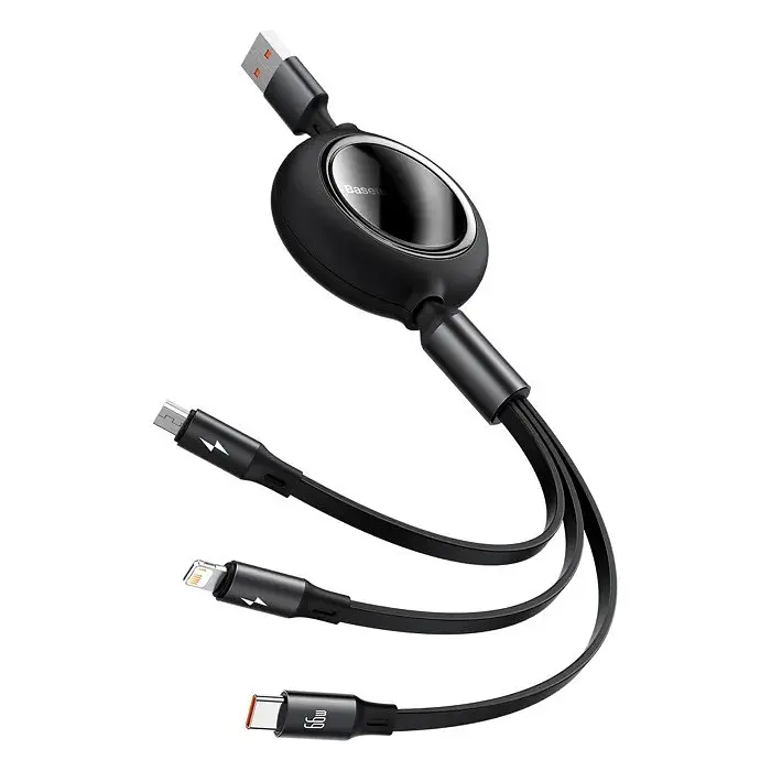 Кабель Baseus Bright Mirror 2 Series Retractable 3-in-1 Fast Charging Data Cable USB M+L+C 66W 1.1m Чорний - фото 3