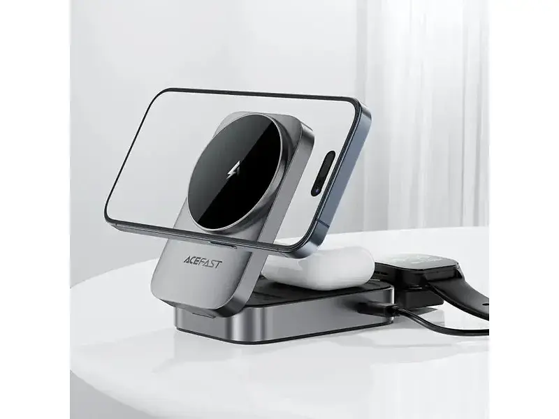 Бездротовий зарядний пристрій Acefast E22 Desktop 3-in-1 Metal Gray (6974316284079) - фото 4