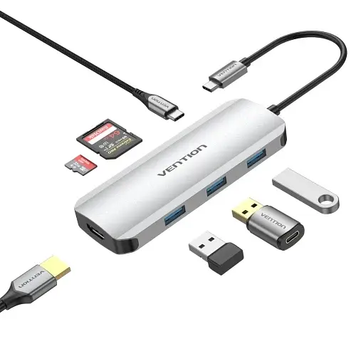 Хаб USB 7-in-1 Grey Type-C 3.2 - 1xType-C (100 Вт)/3xUSB 3.0/HDMI 4K/microSD/SD Vention teh0019597 - фото 2