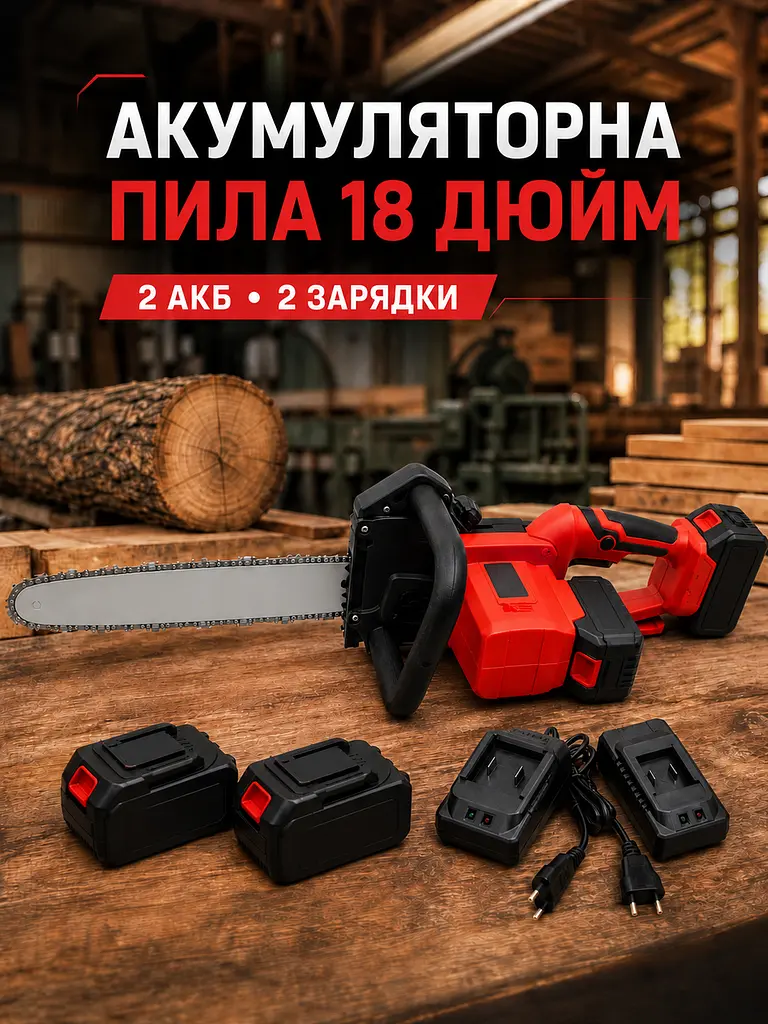 Акумуляторна ланцюгова пила 18" з автоподачею оливи, 2 АКБ і 2 зарядками, червона (49675889) - фото 2