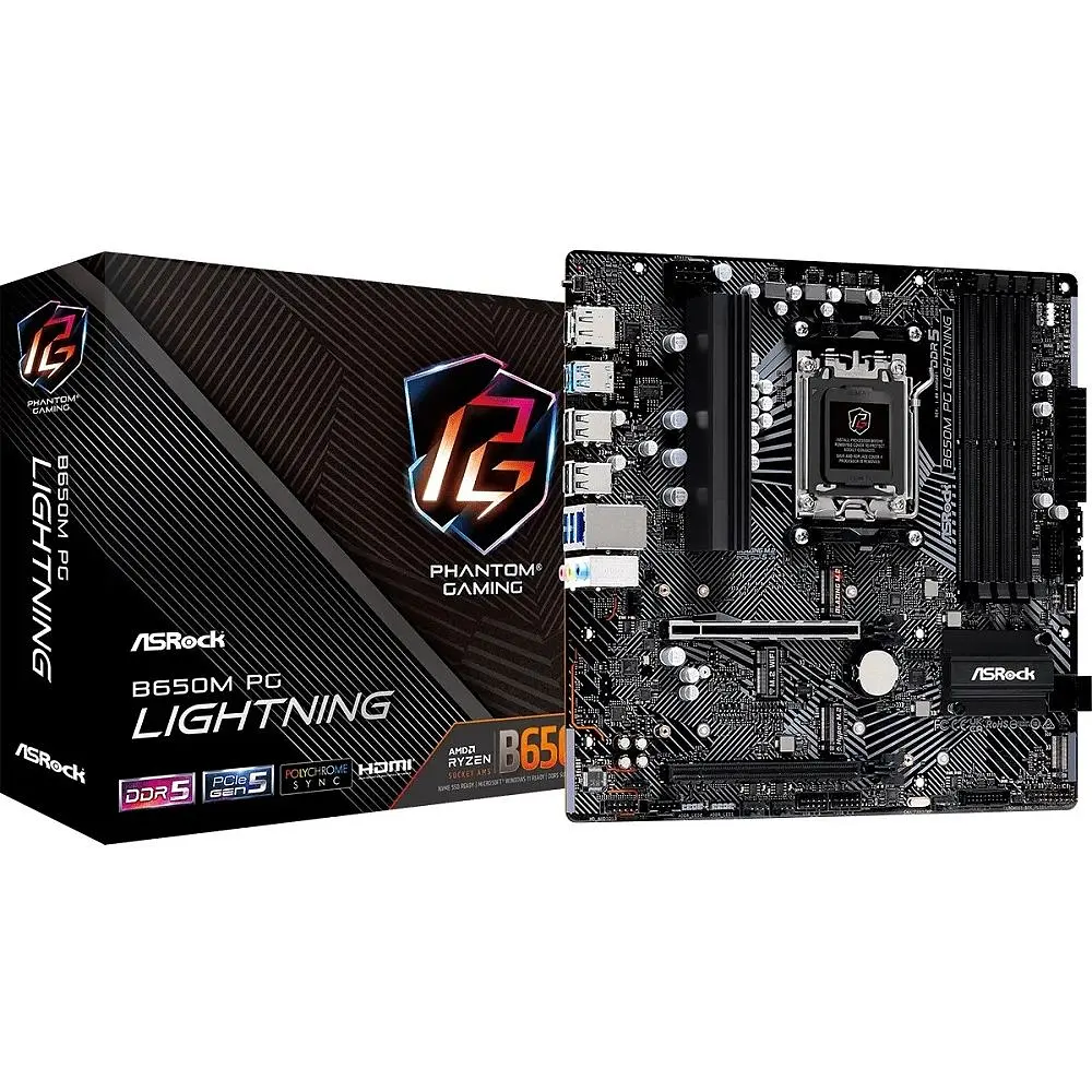 Материнская плата ASRock AM5 B650M PG Lightning, B650, 4xDDR5, Int.Video (CPU), 4xSATA3, 3xM.2, 1xPCI-E 4.0x16, 1xPCI-E 3.0x16, 1xM2. 9xUSB3.2/8xUSB2.0, HDMI/DP, MicroATX - фото 2