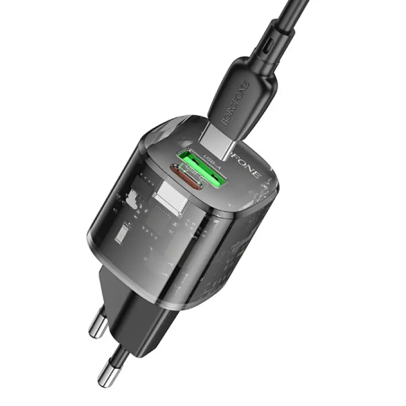 МЗП Borofone BN17 Sunlight PD20W+QC3.0 (1USB-A/1C) + кабель Type-C to Type-C Transparent black - фото 2