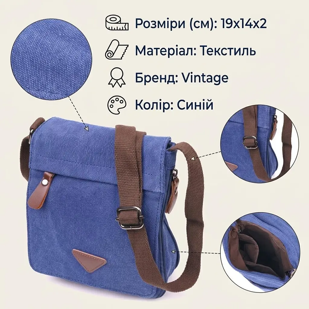 Цікава чоловіча сумка з текстилю 21267 Vintage синя - фото 3