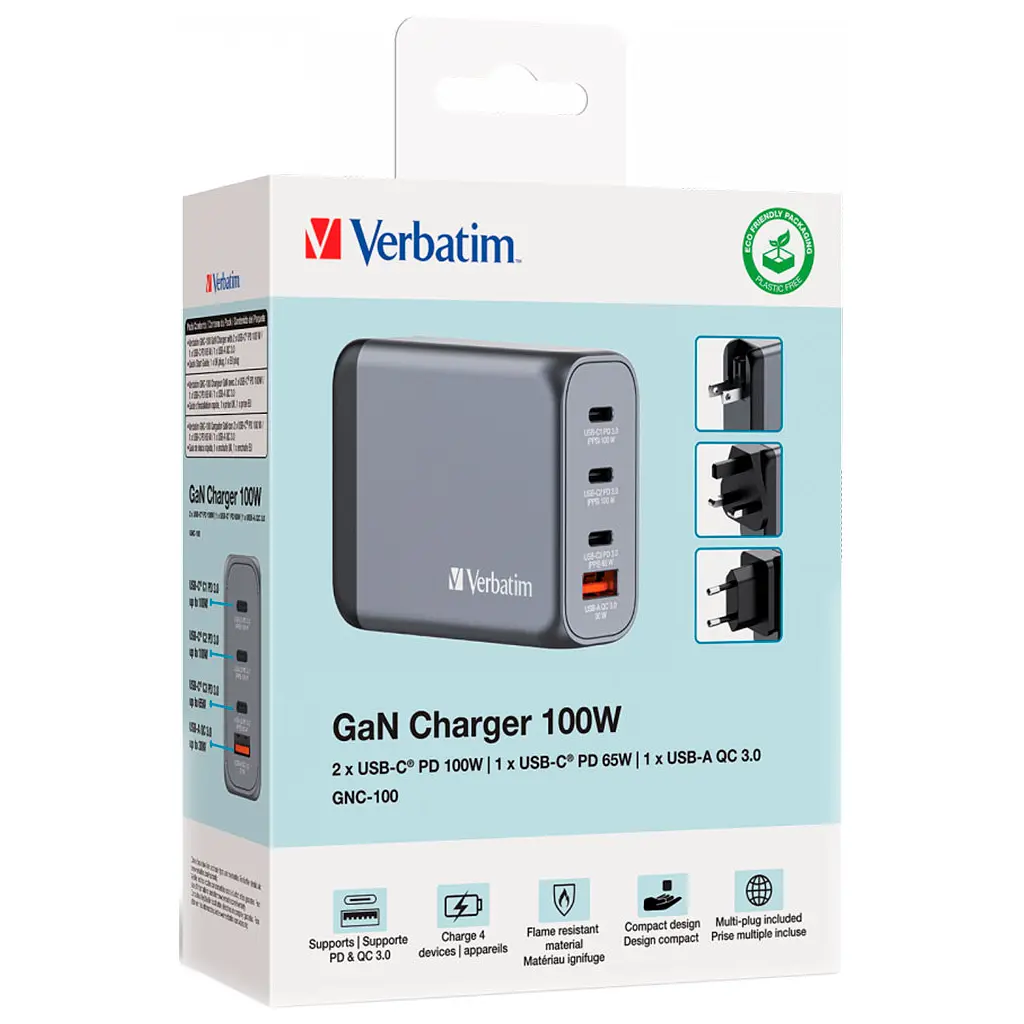 Зарядний пристрій Verbatim GaN 100 W 4 ports (2xUSB-C-100 W,USB-C 65 W /USB-A -3.0) (32202) - фото 7