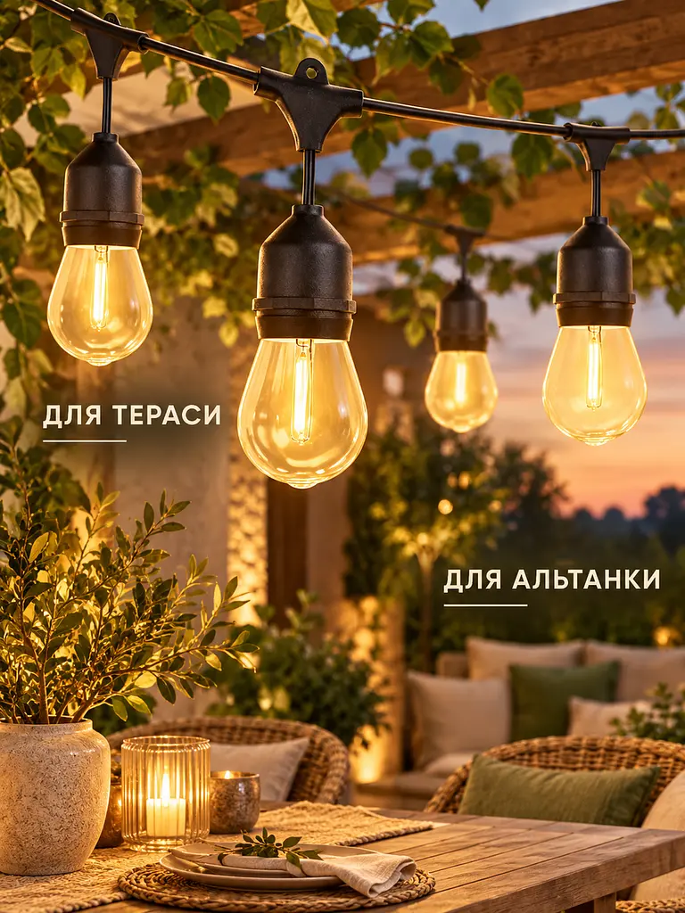 Вулична сонячна гірлянда 5 м 10 ламп Едісона E27 IP65 2200K, тепле світло (49676444) - фото 8