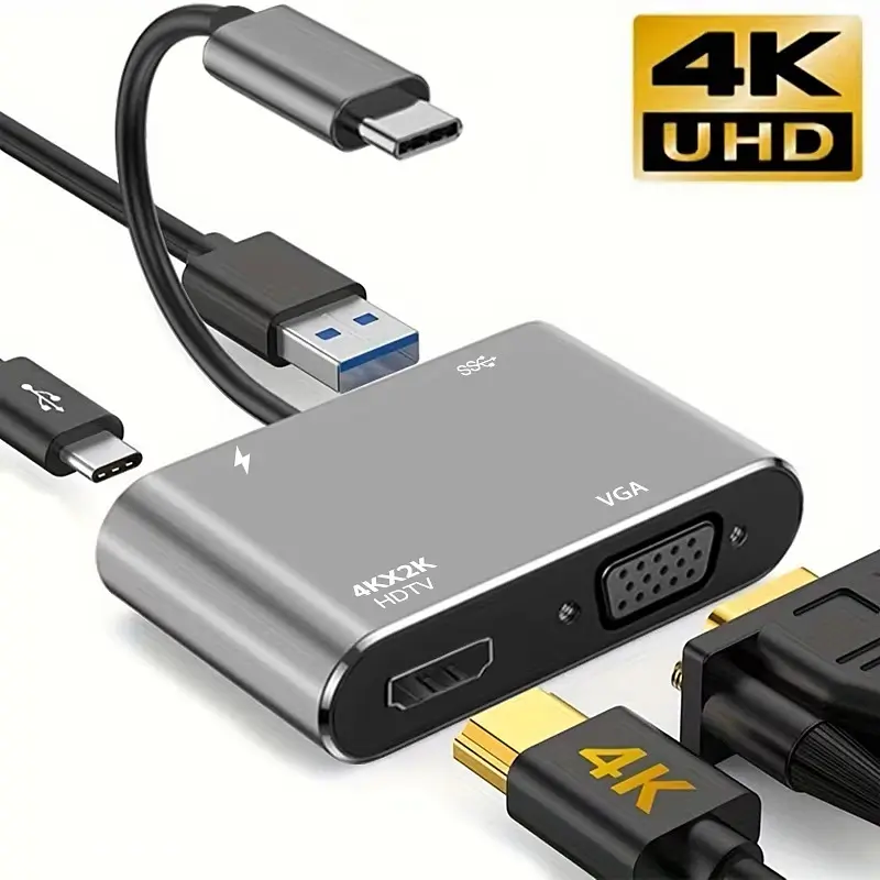 Концентратор Qukam Type-C 4 в 1 адаптер type-c 3.0 до 4K HDMI HDTV VGA USB 3.0 PD розгалужувач швидкої зарядки Серый - фото 2