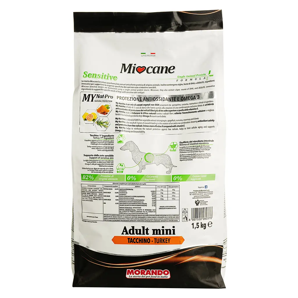Монопротеиновый сухой корм для собак мелких пород Morando MioCane Mini Sensitive Monoprotein, индейка, 1,5 кг - фото 3