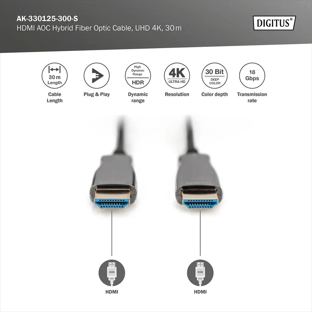 Кабель мультимедійний HDMI M to HDMI M 30m 4K AOC hybrid-fiber black Digitus (AK-330125-300-S) - фото 3
