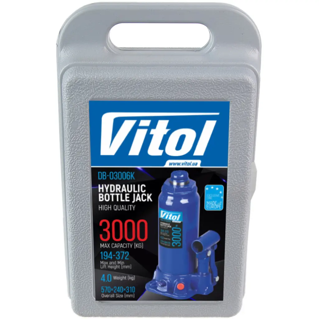 Домкрат гидравлический телескопический Vitol 3т 194-372 мм 3.33 кг кейс (DB-03006K) - фото 6