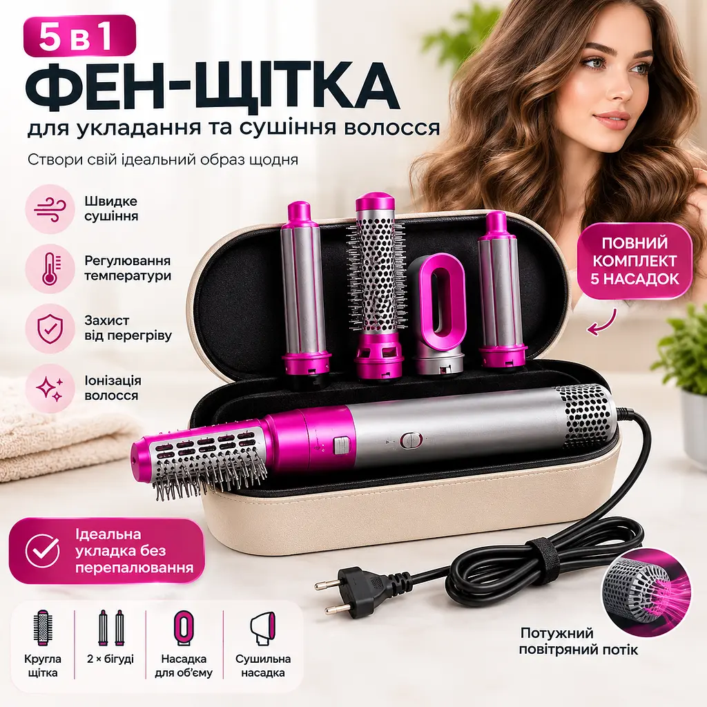 Фэн-стайлер для волос HAIR BRUSH 1000вт 5 в 1 насадок 5 шт с ионизацией в серебристом кейсе - фото 2