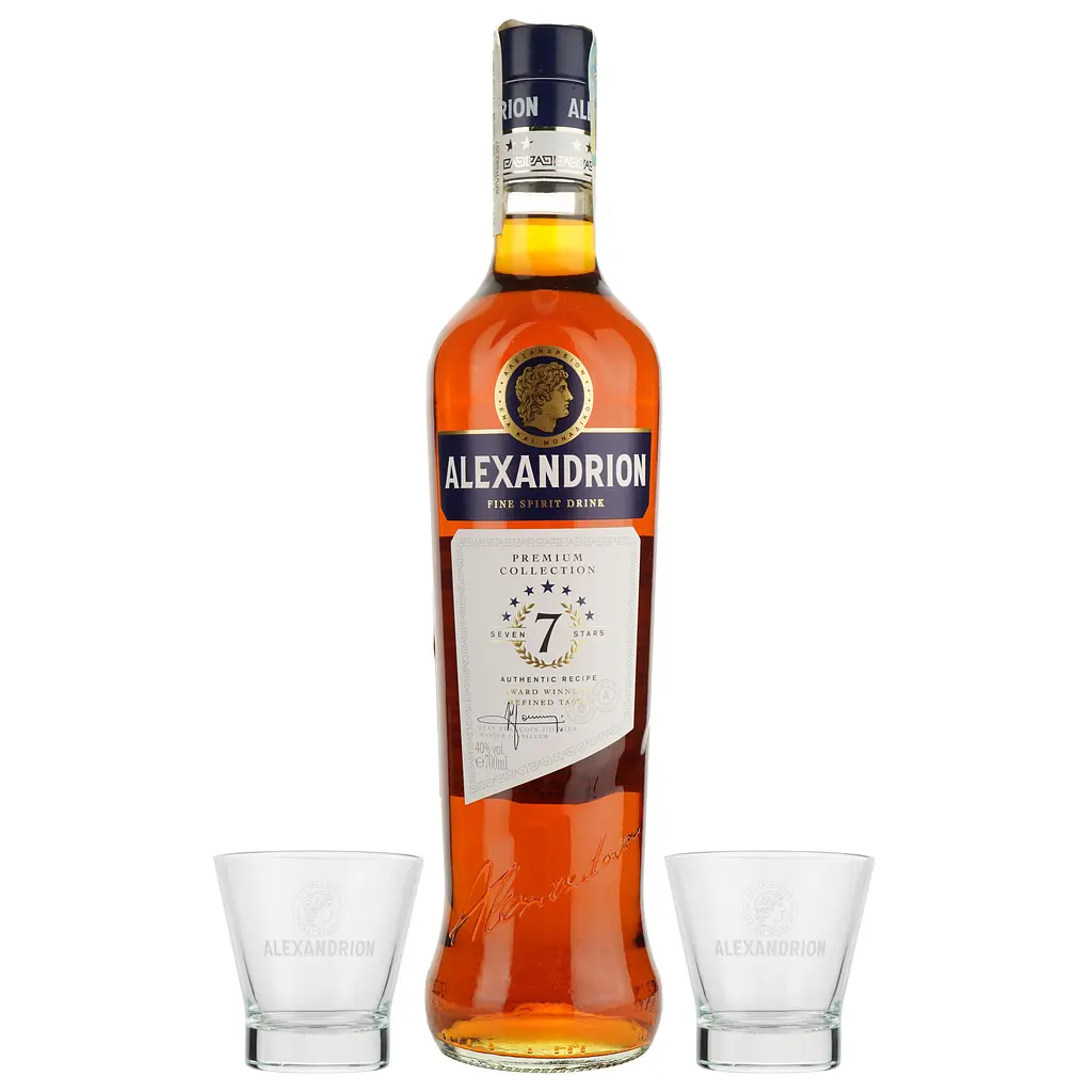 Міцний алкогольний напій Alexandrion 7 зірок, 40%, в подарунковій упаковці, 0,7 л + 2 склянки - фото 3