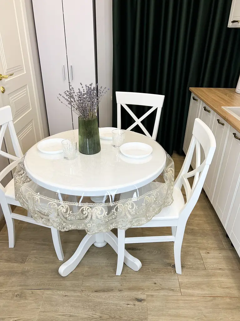 Силіконова скатертина кругла з мереживом Арка 15 см 120х120 см Бежевий - фото 10