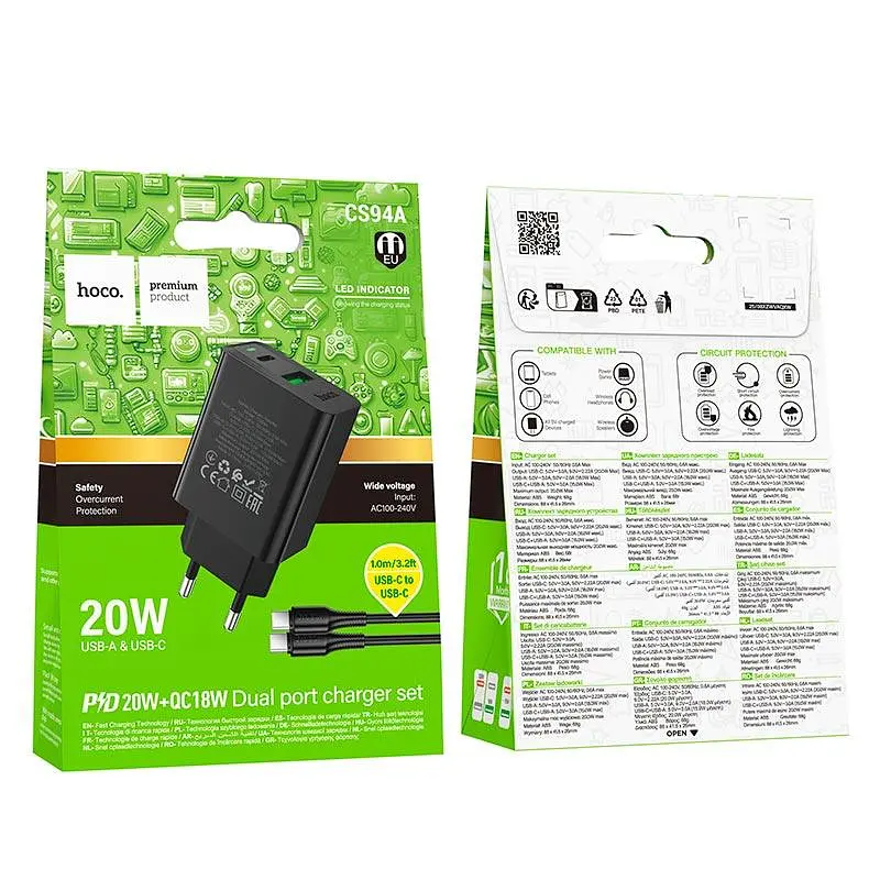 Адаптер зарядний HOCO Leader charger set CS94A + кабель C to C 2 виходи 1USB + 1Type-C PD QC 20W чорний - фото 2