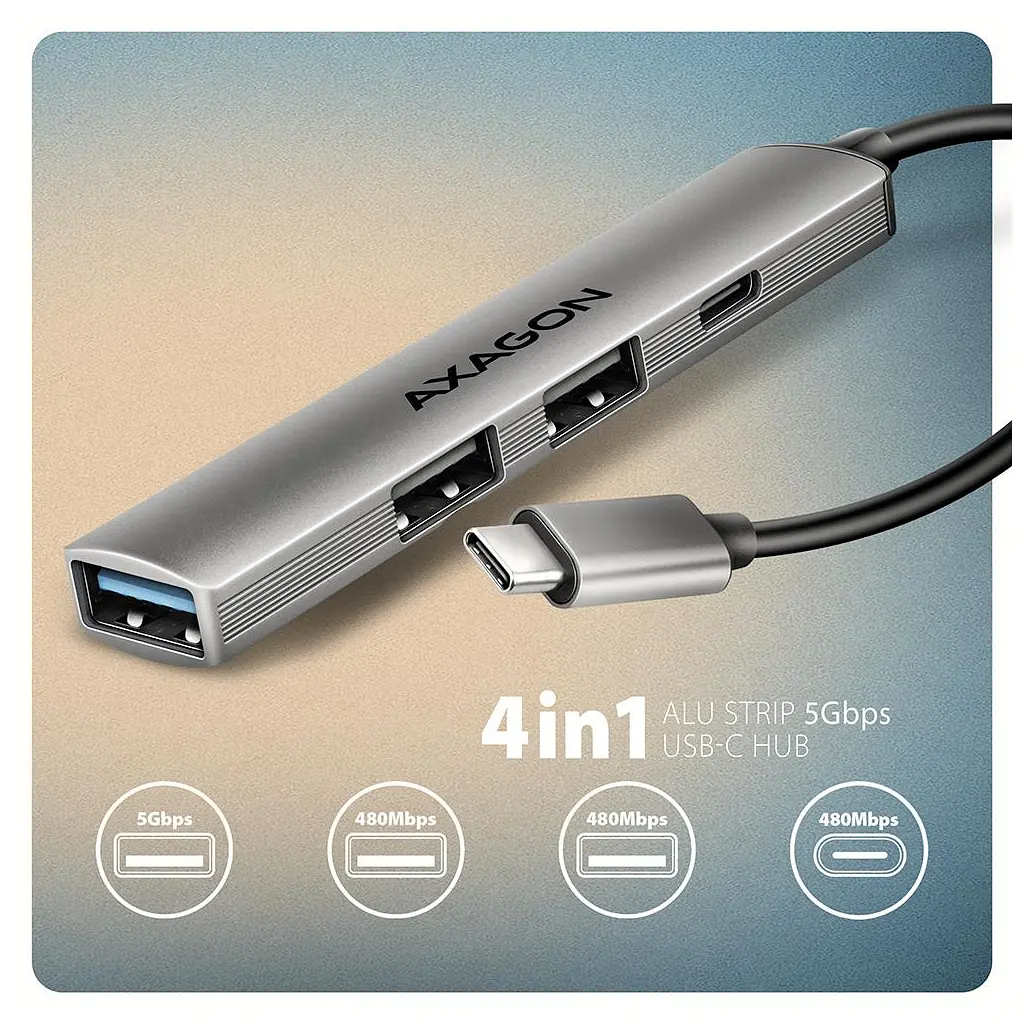 Концентратор AXAGON USB-C to 1xUSB-A 5Gbps + 2xUSB-A 480Mbps + 1xUSB-C 480Mbps 0.12m aluminum (HUE-STC) - фото 3