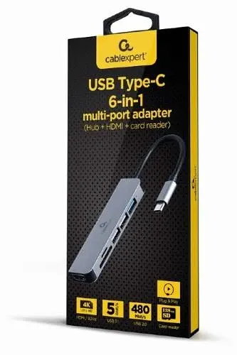 Хаб USB Cablexpert "6-in-1", Grey, Type-C 3.1 - 1xUSB 3.1 / 2xUSB 2.0 / HDMI 4K / microSD / SD, кабель 12 см, алюмінієвий корпус (A-CM-COMBO6-02) - фото 2