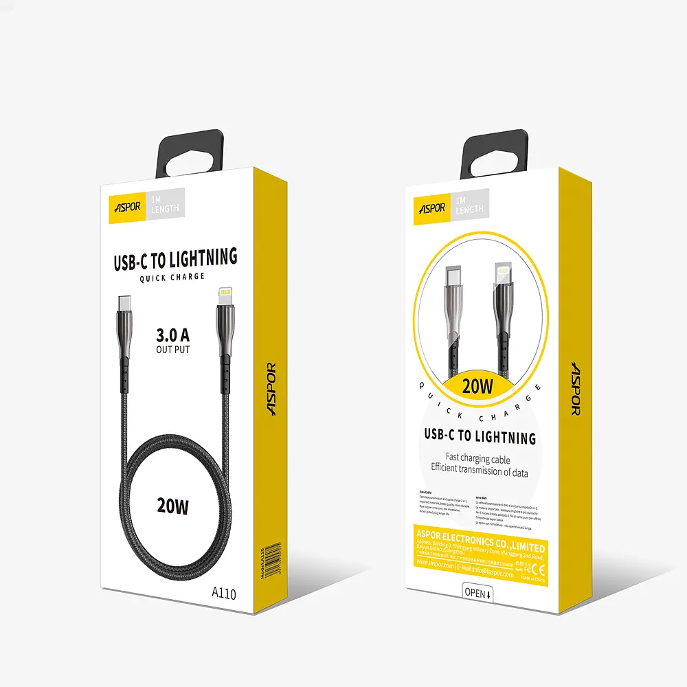 Кабель Aspor A110 Quick Charge Type-C – Lightning 3A/20W/1м- чорний - фото 5