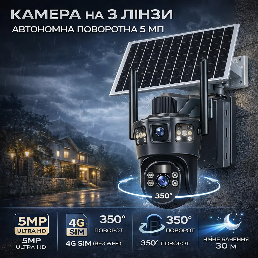 Камера на 2 лінзи з 4G та сонячною панеллю SD 354G автономна поворотна нічна зйомка 30 м, розумне стеження - фото 2