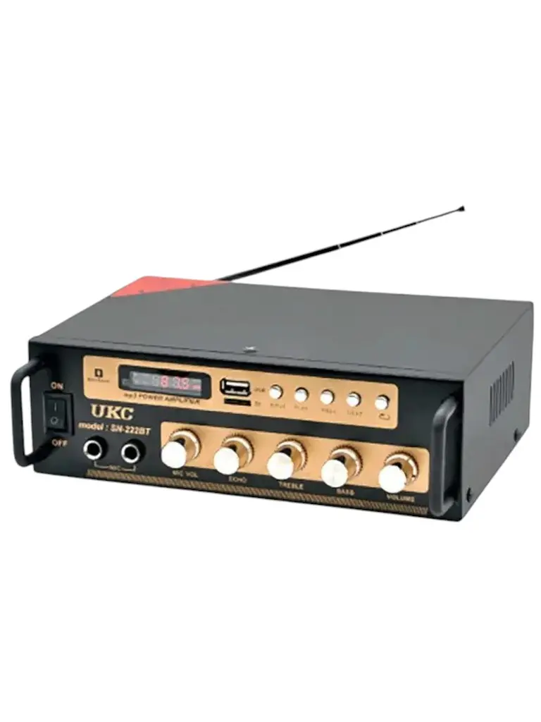 Підсилювач звуку 2-х канальний 2x60Вт Bluetooth стереопідсилювач з 2 мікрофонними входами караоке та пульт 220V та 12V USB FM інтегральний UKC SN-222BT - фото 3