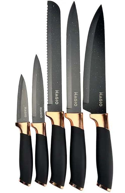 Универсальный набор кухонных ножей с подставкой Magio MG-1092 5 ножей для кухни Черные - фото 2