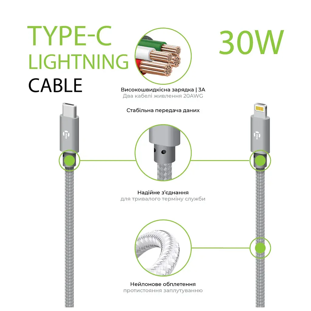 Дата кабель USB-C to Lightning 1.0m CBGNYTL1 30W Grey Intaleo (1283126559587) - фото 2