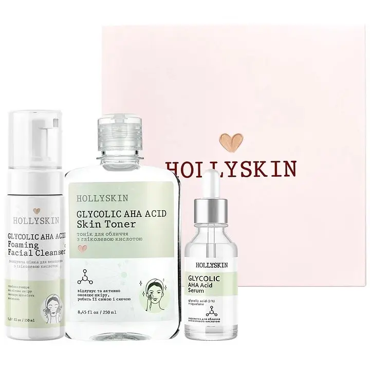 Набір косметики для обличчя Hollyskin Glycolic AHA Acid Basic Care: Сироватка 30 мл + Тонік 250 мл + Очищаюча пінка 150 мл - фото 2