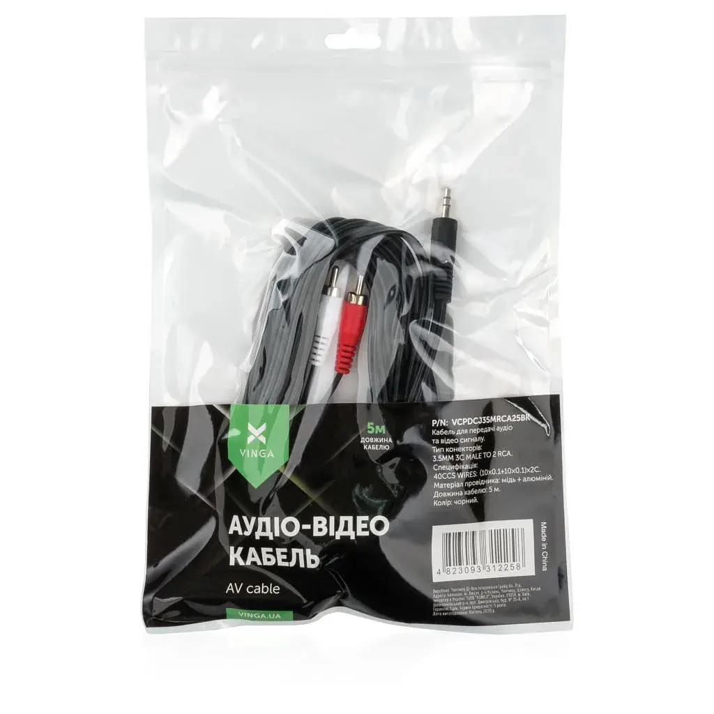 Кабель мультимедійний 3.5mm M to 2xRCA M 5.0m Vinga (VCPDCJ35MRCA25BK) - фото 3