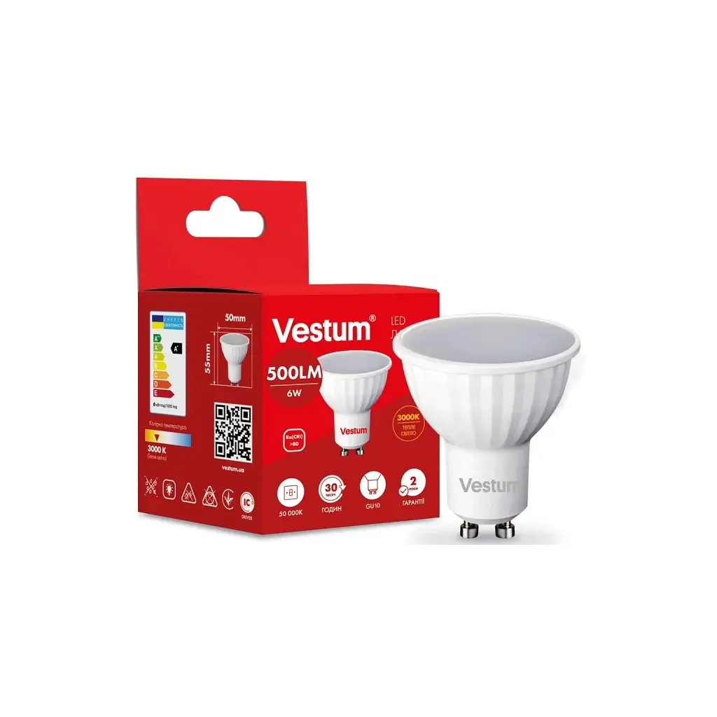 Лампочка Vestum MR16 6W 3000K 220V GU10 (1-VS-1505) - фото 2