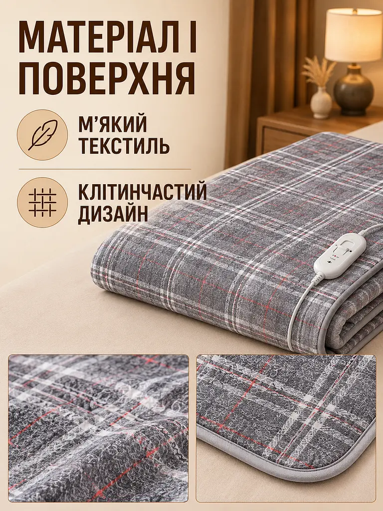 Електропростирадло 150×70 см з підігрівом, 2 режими температури, захист від перегріву, сіра (49676369) - фото 4