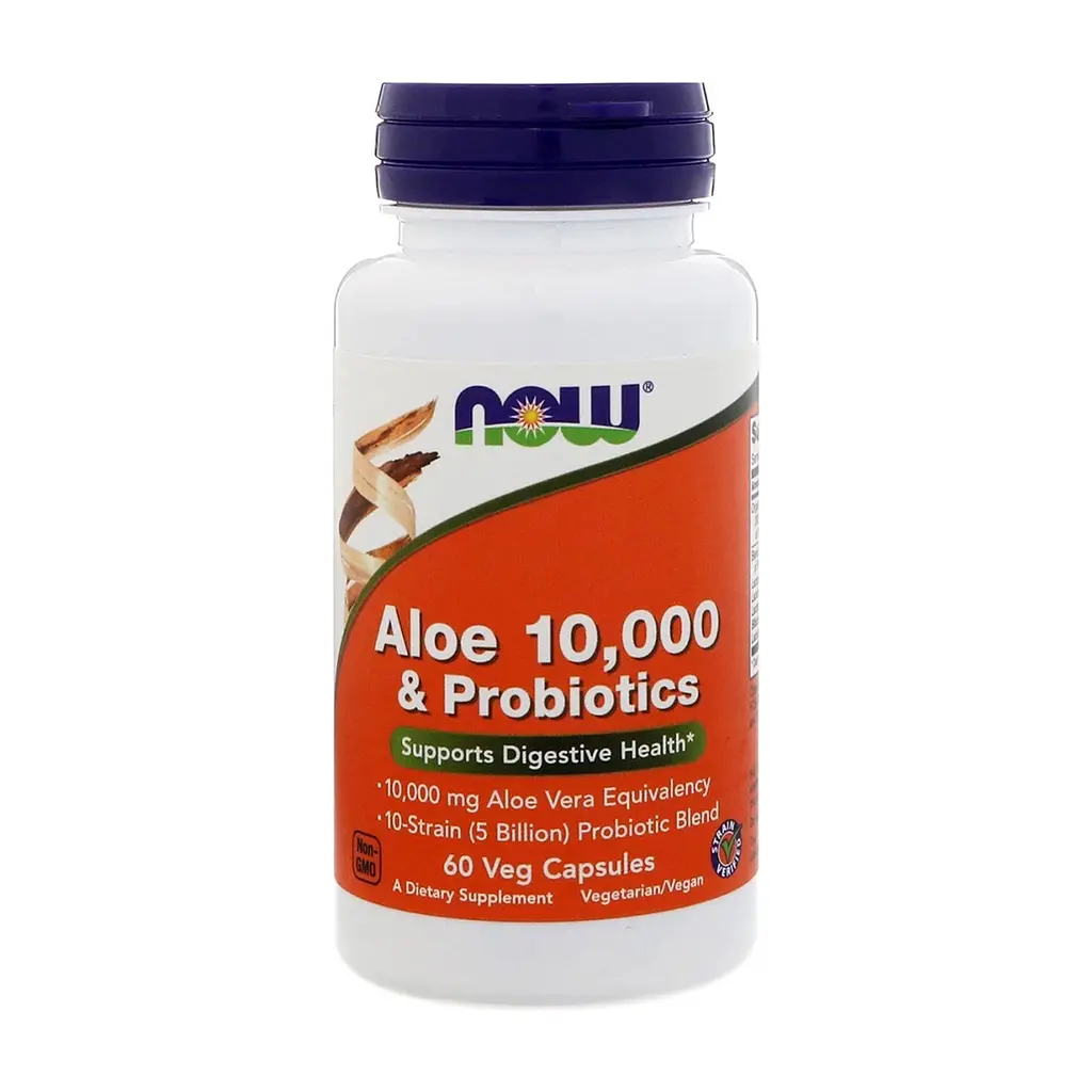 Трави Now Foods Алое 10 000 & Пробіотики, 60 вегетаріанських капсул (NOW-03029)