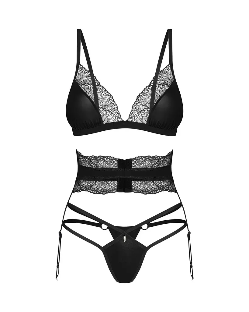 Комплект Obsessive Lobellis 3-pcs set, XS/S, чорний, ліф з м’якою чашкою, стрінги, пояс для панчіх - фото 3