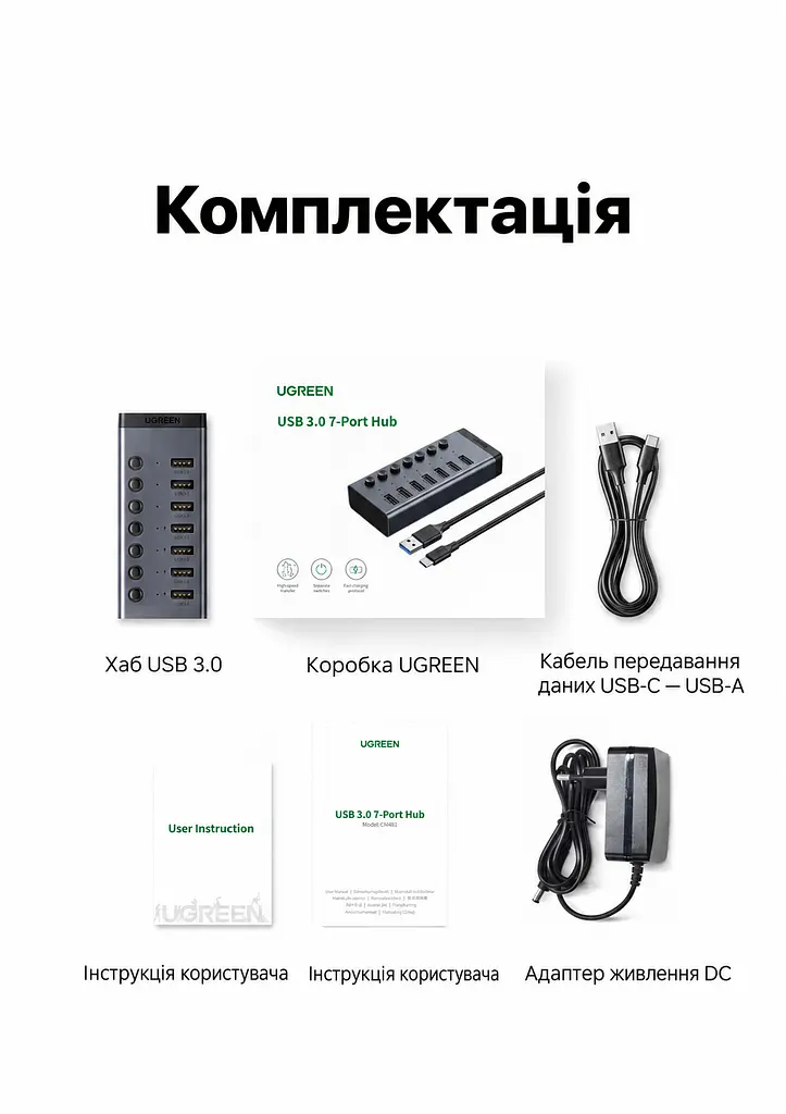 USB-хаб із заряджанням UGREEN CM481 до USB-A комп’ютера через вхід USB-C 7 портів USB-A 3.0 до 5 Гбіт/с BC 1.2 на портах 4–7 сумарно 5 В до 3,5 А живлення DC від комплектного адаптера окремі вимикачі й індикатори портів захист від зворотного й надмірного струму та короткого замикання Windows Mac OS Linux без драйверів сумісний зі старішою USB-периферією знімний кабель USB-A ↔ USB-C 1 м у комплекті алюмінієвий корпус сірий із чорними торцями (90307) - фото 2