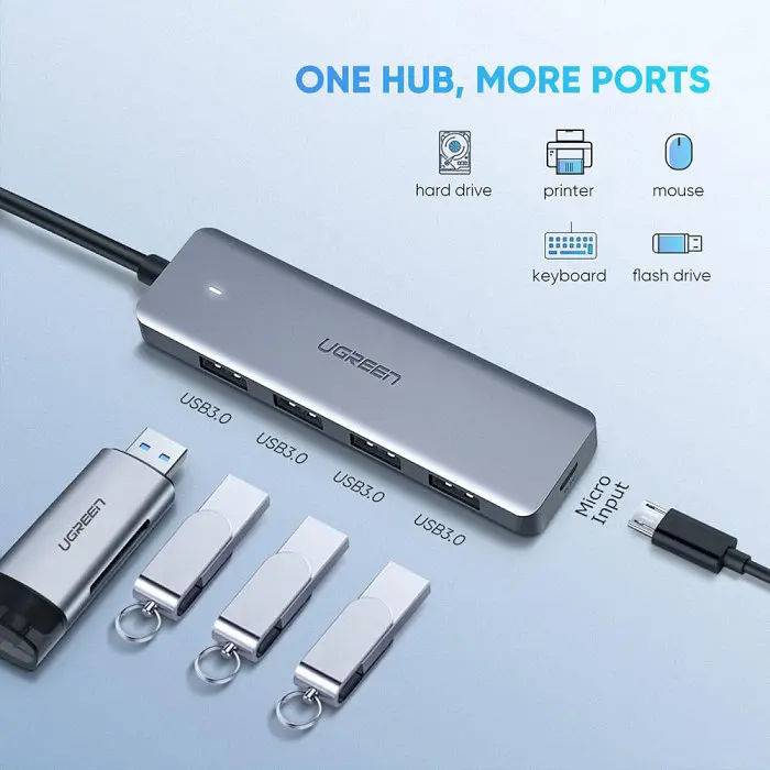 Usb концентратор хаб Ugreen CM219 4 Port Usb 3.0 Hub with Micro Usb Power Supply сріблястий Розгалужувач 70336 - фото 3