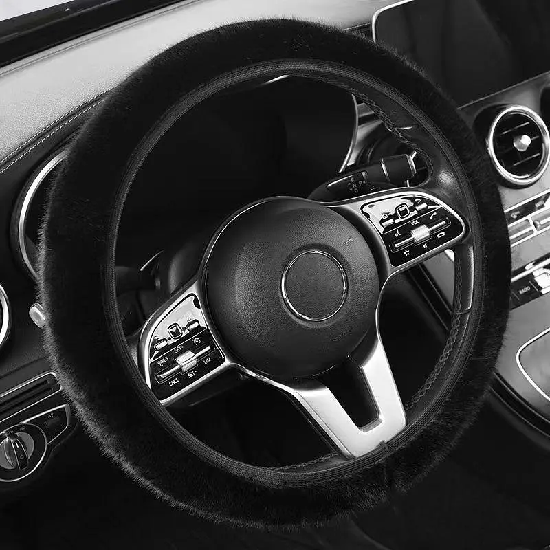 Зимовий теплий хутряно-плюшевий чохол на кермо авто, діаметр 38 см, чорного кольору, 1 шт - фото 2