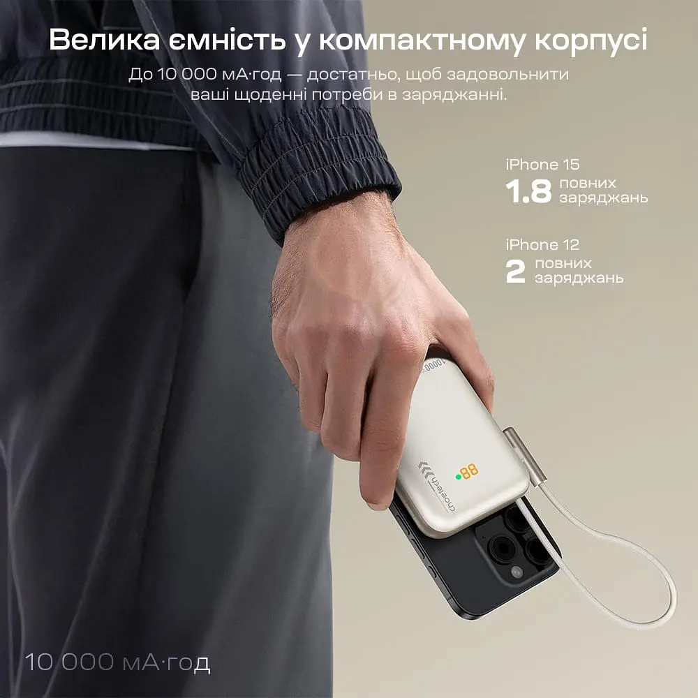 Повербанк 10000mAh Choetech B735 White QC3.0 PD3.0 бездротова магнітна зарядка, вбудований кабель, підставка (43-00150) - фото 10
