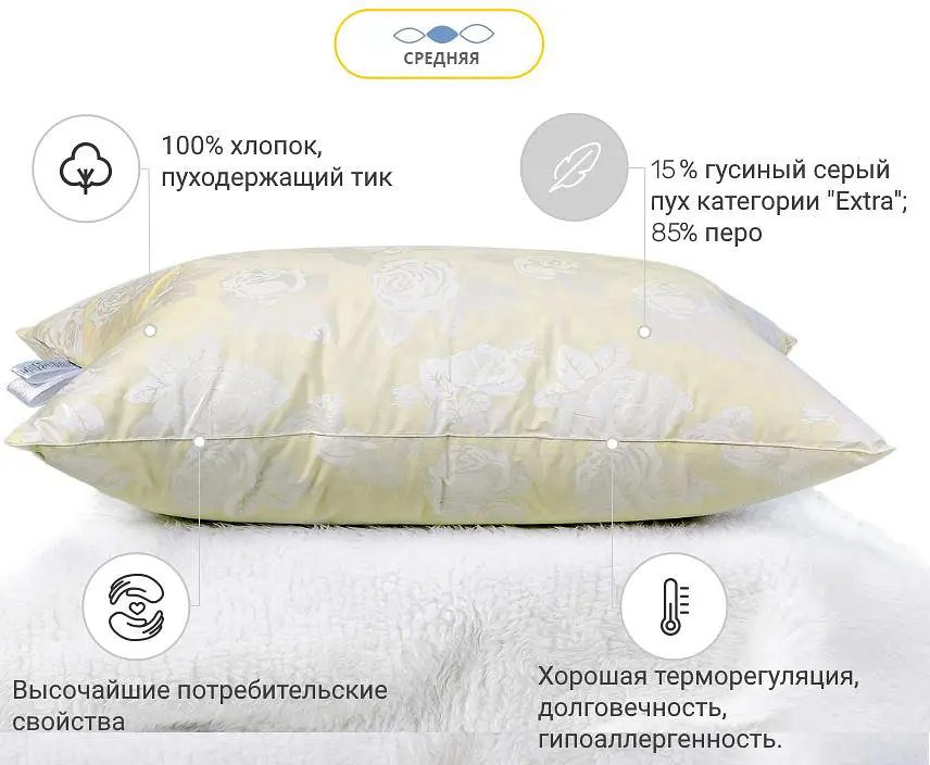 Подушка пуховая MirSon Extra №2765 упругая пух 15% 45х45 см шампань (2200005193921) - фото 2