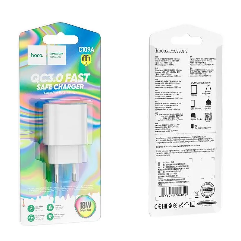 Адаптер сетевой HOCO Fighter single port charger C109A 1USB, 18W/3A, QC - фото 2