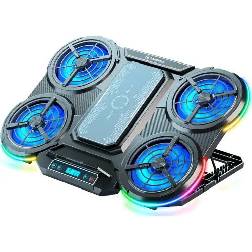 Підставка для ноутбука до 18" GamePro CP1450, Black, RGB підсвічування, 4 х 100 мм, 1 х 80 мм вентилятор (18 dB, 1350 rpm), LCD-дисплей, алюміній/пластик, 2xUSB 2.0, 410 x 285 x 40 мм, 1100 г, регулювання швидкості вентиляторів та кута нахилу - фото 3
