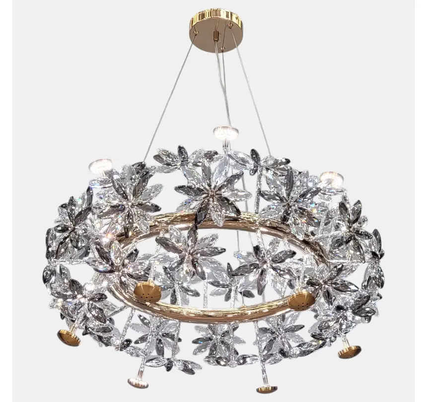 Кругла підвісна люстра Artlight 25028-650GD золота на 12 ламп G4 з прозорими та графітовими скляними квітами - фото 3