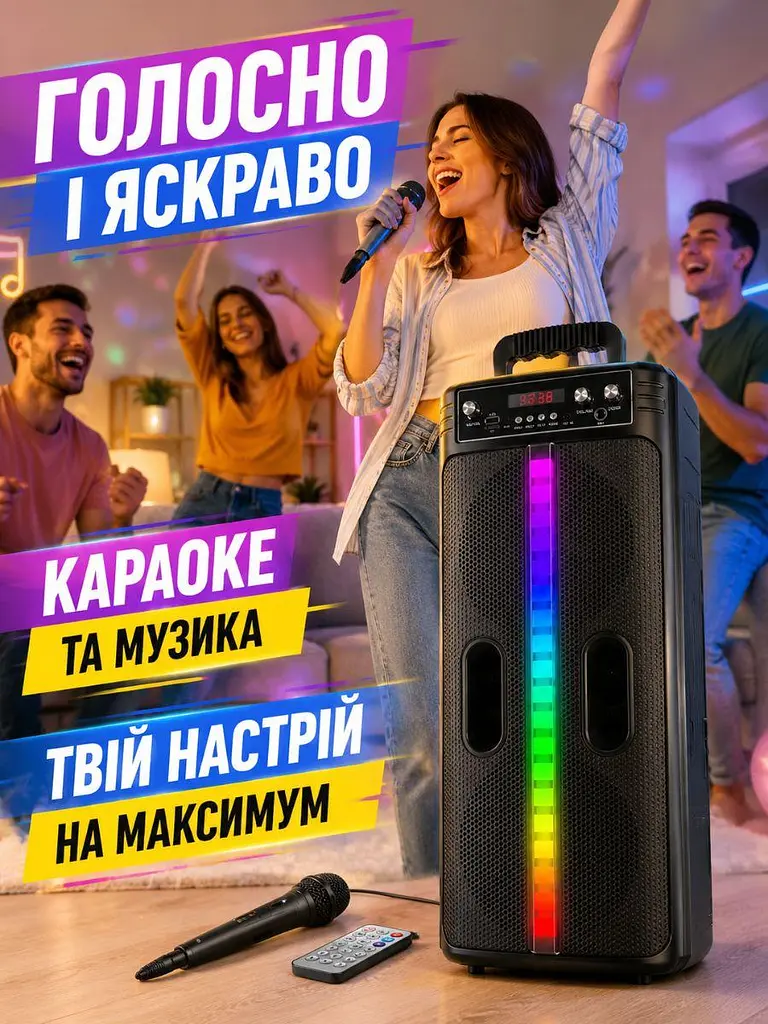 Портативна Bluetooth-колонка чорна 20 Вт з мікрофоном і RGB-підсвічуванням (49676025) - фото 9