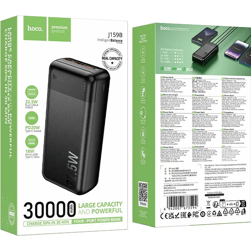 Зовнішній акумулятор Hoco J159B Essence 30000mAh 22.5W Black (673594) [166257] - фото 6