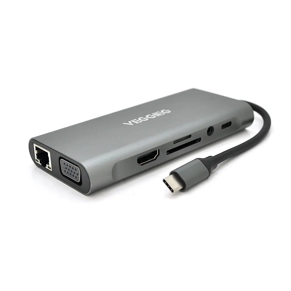 Хаб-конвертер Veggieg TC11-S Type-C (папа) на Type-C (мама) + USB 3.0 * 3 (мама) + HDMI (мама) + jack 3.5 (мама) + SD/TF + RJ45, 10 см, серебристый, в коробке - фото 2