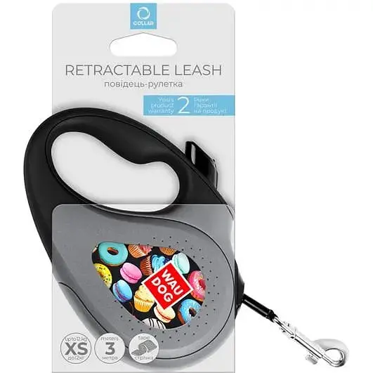 Поводок-рулетка для собак Waudog R-leash Пончики, светоотражающий, XS, до 12 кг, 3 м, черный - фото 3