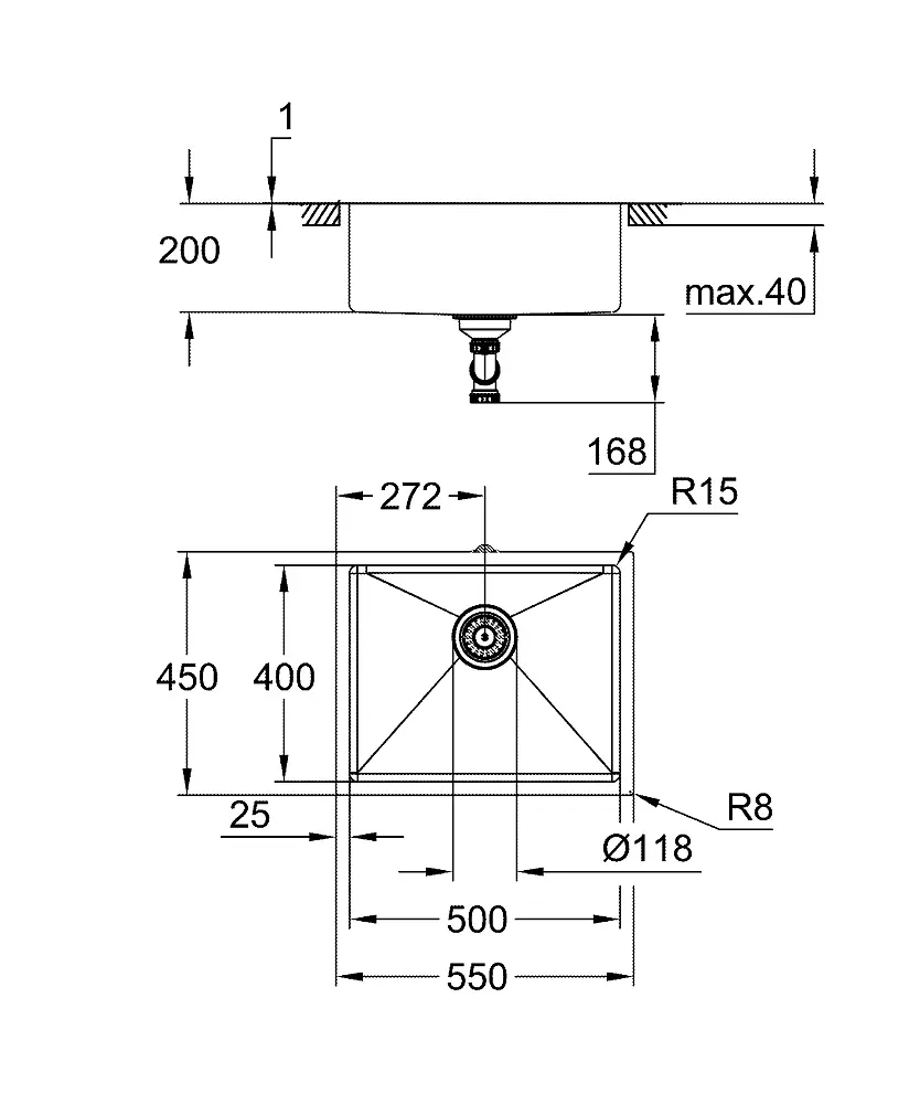 Кухонна мийка Grohe 550 x 450 мм, під стільницю, 1 чаша, матова 31574GN1, Золотий - фото 3